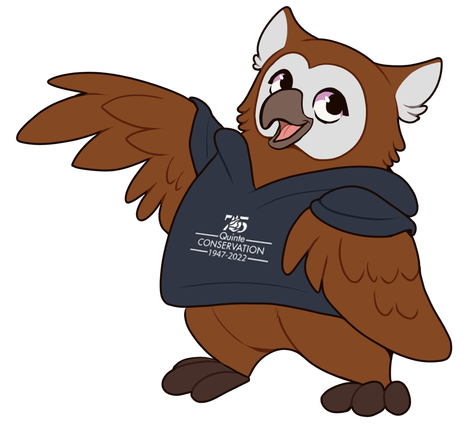 Illustrated Owl wearing blue t-shirt with one wing waving